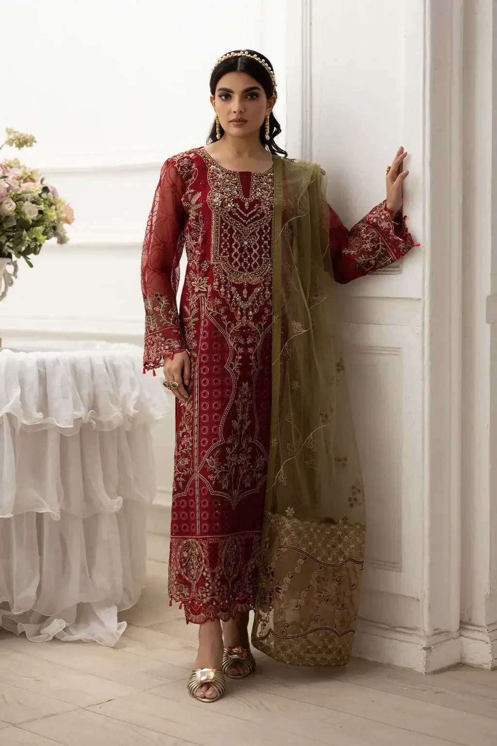 embroidered organza dress Sheer Gown With Embroidered Bell Sleeves 46318