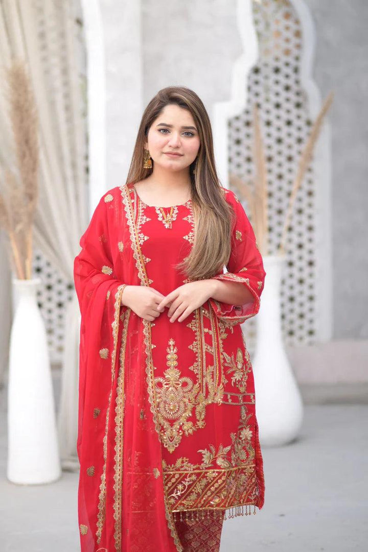 Pakistani Pure Chiffon Red dress USA - Make By Moon