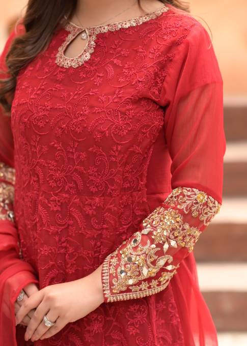 Pakistani Chiffon Maroon dress USA - Make By Moon