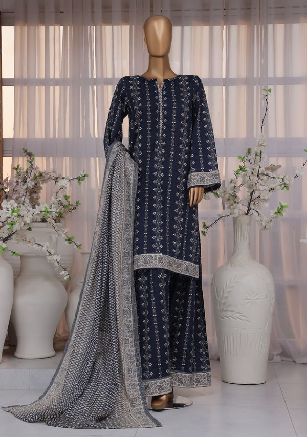 Pakistani Ethnic Wear dress featuring a navy blue 3-piece cotton suit with intricate floral patterns and matching dupatta.