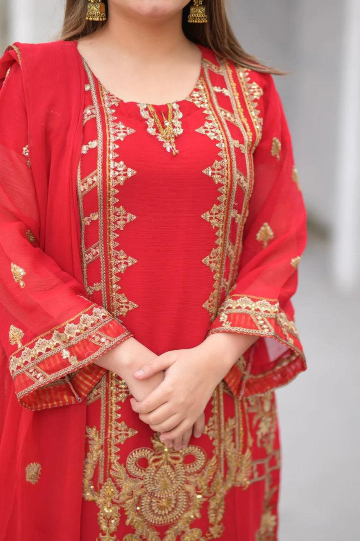 Pakistani Pure Chiffon Red dress USA - Make By Moon
