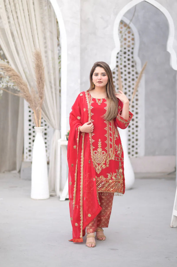 Pakistani Pure Chiffon Red dress USA - Make By Moon