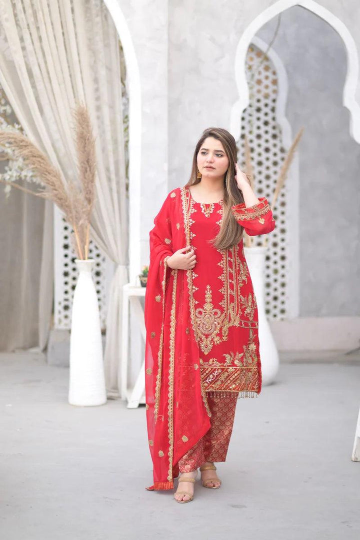 Pakistani Pure Chiffon Red dress USA - Make By Moon