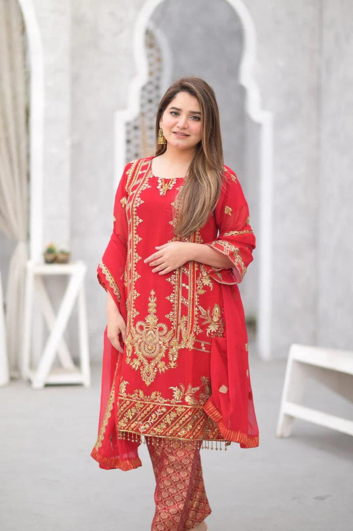 Pakistani Pure Chiffon Red dress USA - Make By Moon