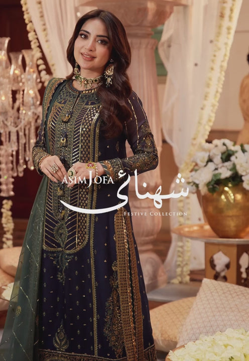  Navy Blue Twisted Silk Dupatta | ASIMJOFA USA -Make By Moon 